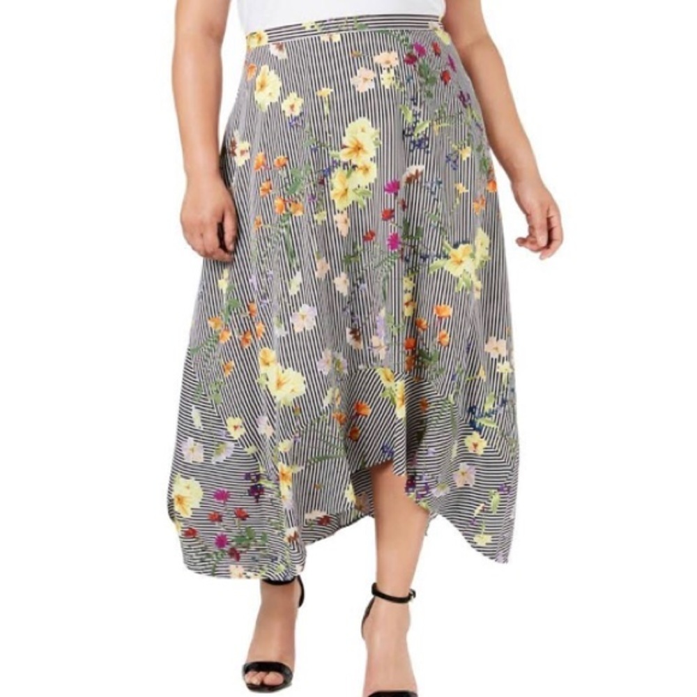 Calvin Klein Black Striped Floral Midi Skirt